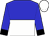 blue and white halved horizontally, blue sleeves, black cuffs, white cap