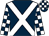 Dark blue, white cross belts, checked sleeves and cap