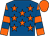 Royal blue, orange stars, orange and royal blue hooped sleeves, orange cap