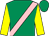 emerald green, pink sash, yellow sleeves, emerald green cap