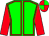 Green body, red seams, red arms, red cap, green quartered