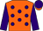 Orange, purple spots and sleeves, purple cap, orange peak