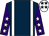 Dark blue, white braces, purple sleeves, white stars, white cap, dark blue stars