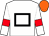 White, black hollow box, white sleeves, red armlets, orange cap