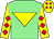 Light green, yellow inverted triangle, yellow sleeves, red diamonds, yellow cap, red diamonds