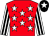 Red, white stars, white and black striped sleeves, black cap, white star