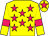 Yellow body, rose stars, yellow arms, rose armlets, yellow cap, rose star