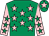 Emerald green, pink stars, pink sleeves, emerald green stars, emerald green cap, pink star