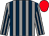 Grey and dark blue stripes, red cap