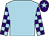 Light blue, light blue and purple check sleeves, purple cap, light blue star