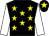 Black, yellow stars, white sleeves, black cap, yellow star