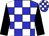 blue and white checks, black sleeves