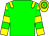 Green body, yellow epaulettes, yellow arms, green hooped, yellow cap, green hooped