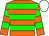 Orange body, green hooped, orange arms, green hooped, white cap