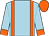 Light blue, orange braces, light blue sleeves, orange cuffs and cap