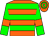 Orange body, green hooped, green arms, orange armlets, orange cap, green hooped