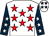 White, red stars, dark blue sleeves, white stars, white cap, dark blue stars