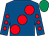 Royal blue, large red spots, red spots on sleeves, emerald green cap