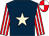 Dark blue, beige star, red and white striped sleeves, quartered cap