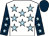 White, light blue stars, dark blue sleeves, light blue stars, dark blue cap