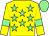 Yellow body, soft green stars, yellow arms, soft green armlets, soft green cap