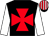 Black, red maltese cross, white sleeves, white and red striped cap, black peak