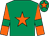 Emerald green, orange star, orange sleeves, emerald green armlets, emerald green cap, orange star