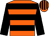 Orange body, black hooped, black arms, orange cap, black striped