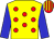 Yellow body, red spots, blue arms, red cap, yellow striped