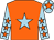 Orange, light blue star, light blue sleeves, orange stars, light blue cap, orange star