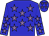 Blue body, mauve stars, blue arms, mauve stars, blue cap, mauve stars