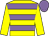 Yellow body, mauve hooped, yellow arms, mauve cap