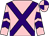 pink, purple cross sashes, pink arms with purple chevrons, quartered cap