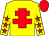 Yellow body, red cross of lorraine, yellow arms, red stars, red cap