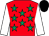 Red, emerald green stars, white sleeves, black cap