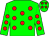 Green body, red spots, green arms, red spots, green cap, red stars