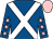 Royal blue, white cross belts, royal blue sleeves, pink stars and cap