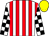 White and red stripes, white and black check sleeves, yellow cap