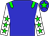 Blue body, green epaulettes, white arms, green stars, blue cap, green star