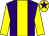 Purple body, yellow stripe, yellow arms, yellow cap, purple star