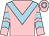 Pink,light blue chevron,pink sleeves,light blue chevrons,pink cap,light blue hoop