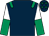 Dark blue, emerald green epaulets, white and emerald green halved sleeves, dark blue cap, emerald green stars