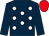 Dark blue, white spots, dark blue sleeves, red cap