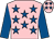 Pink, royal blue stars, royal blue sleeves, pink cap, royal blue stars