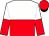 White and red halved horizontally, halved sleeves, red cap, black peak