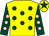 Yellow, dark green spots, dark green sleeves, pink spots, yellow cap, dark green star