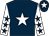 Dark blue, white star, white sleeves, dark blue stars, dark blue cap, white star