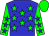 Blue body, green stars, green arms, blue stars, green cap