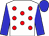 White, red spots, blue sleeves and cap