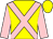 Yellow, pink crossed sashes and sleeves, yellow cap